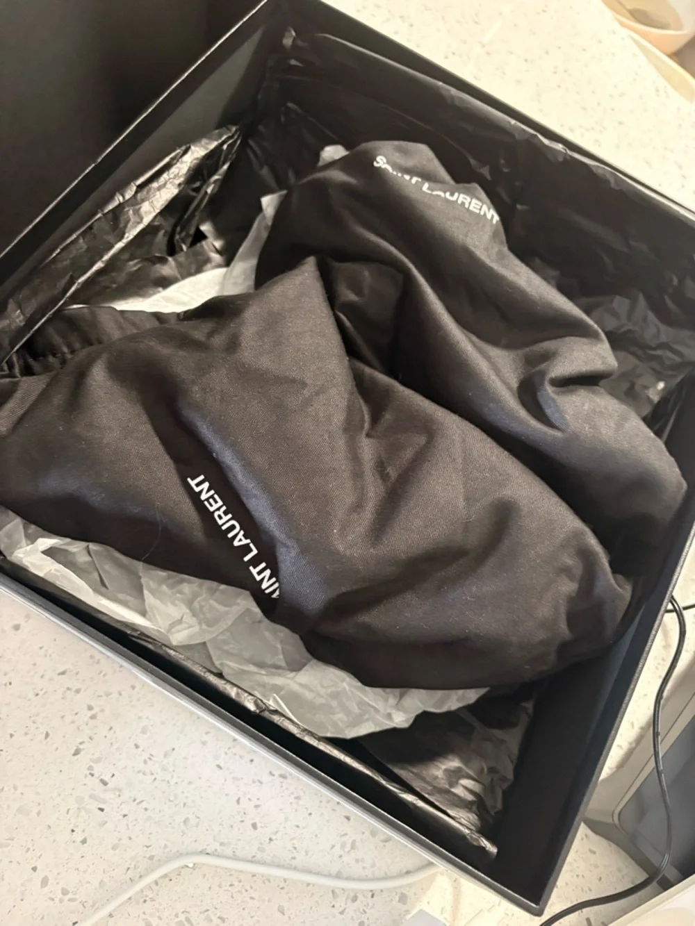 Saint Laurent Black Leather Sandal with Gold YSL Logo - Picture 3 of 7